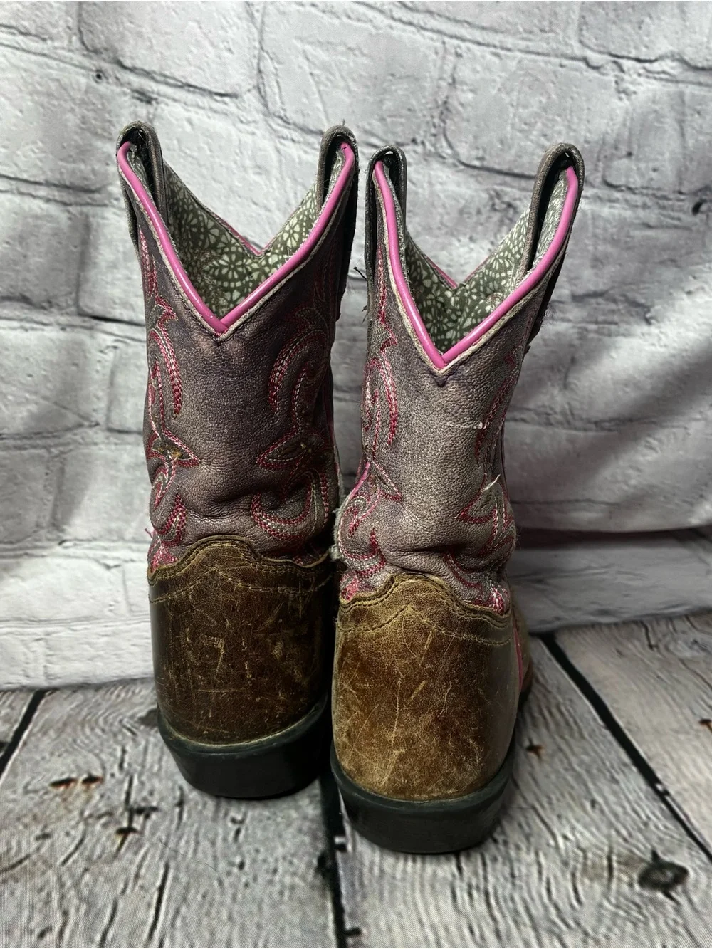 Western Distressed Brown Leather Cowgirl Purple Pink Boho Chic Boots Girls 13D